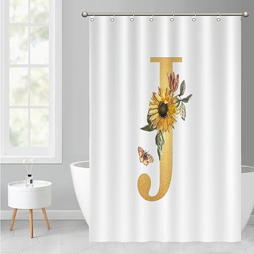 Miniatura 10 de Cortina de ducha con diseño floral de girasol, dorada, letra inicial, L, forro de cortina de ducha impermeable, decoración de bañeras con ganchos