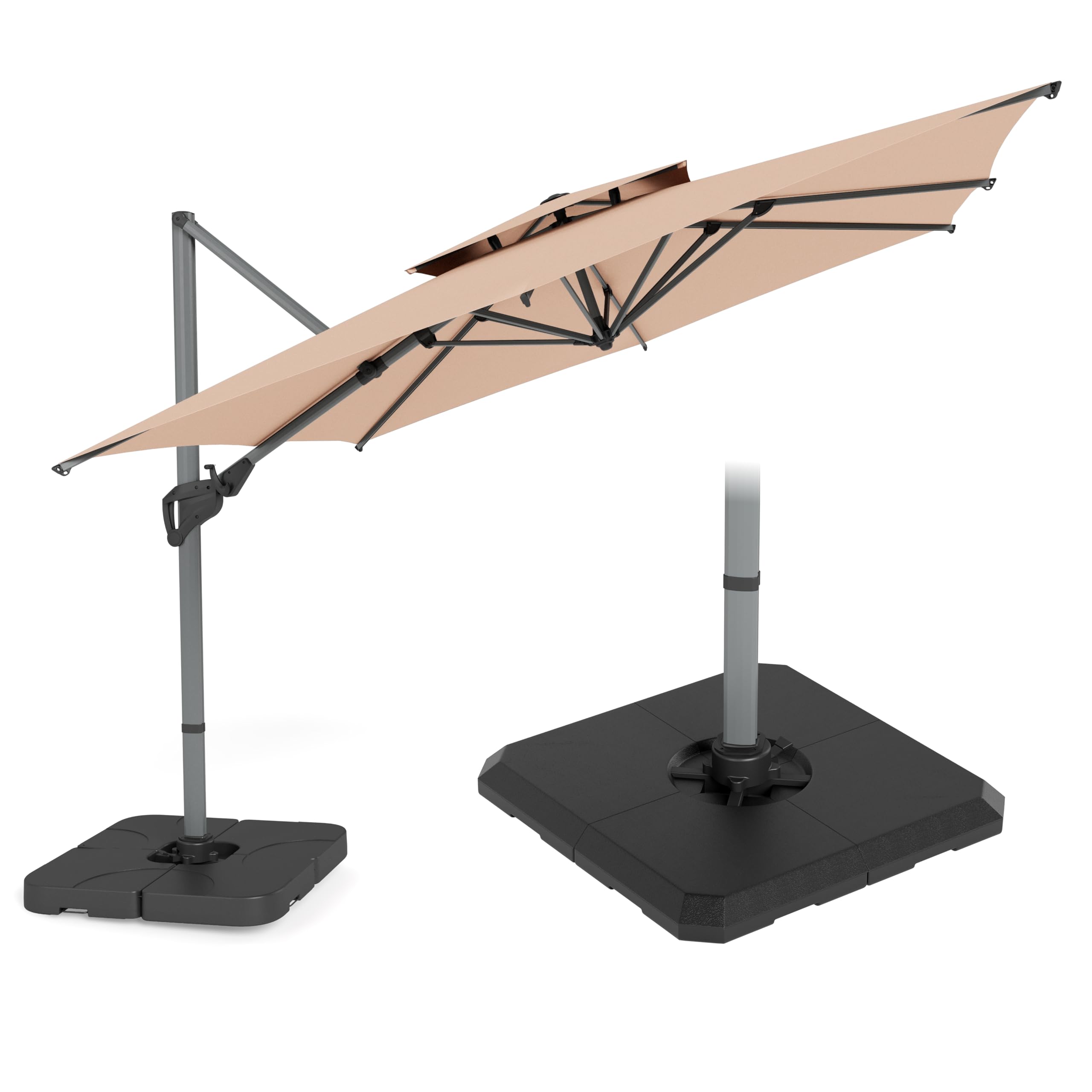 PHI VILLA 10ft Patio Cantilever Umbrella With Base, 360° Rotation & Infinite Tilt Aluminum Square Double Top Outdoor Offset Umbrella, Heavy Duty for