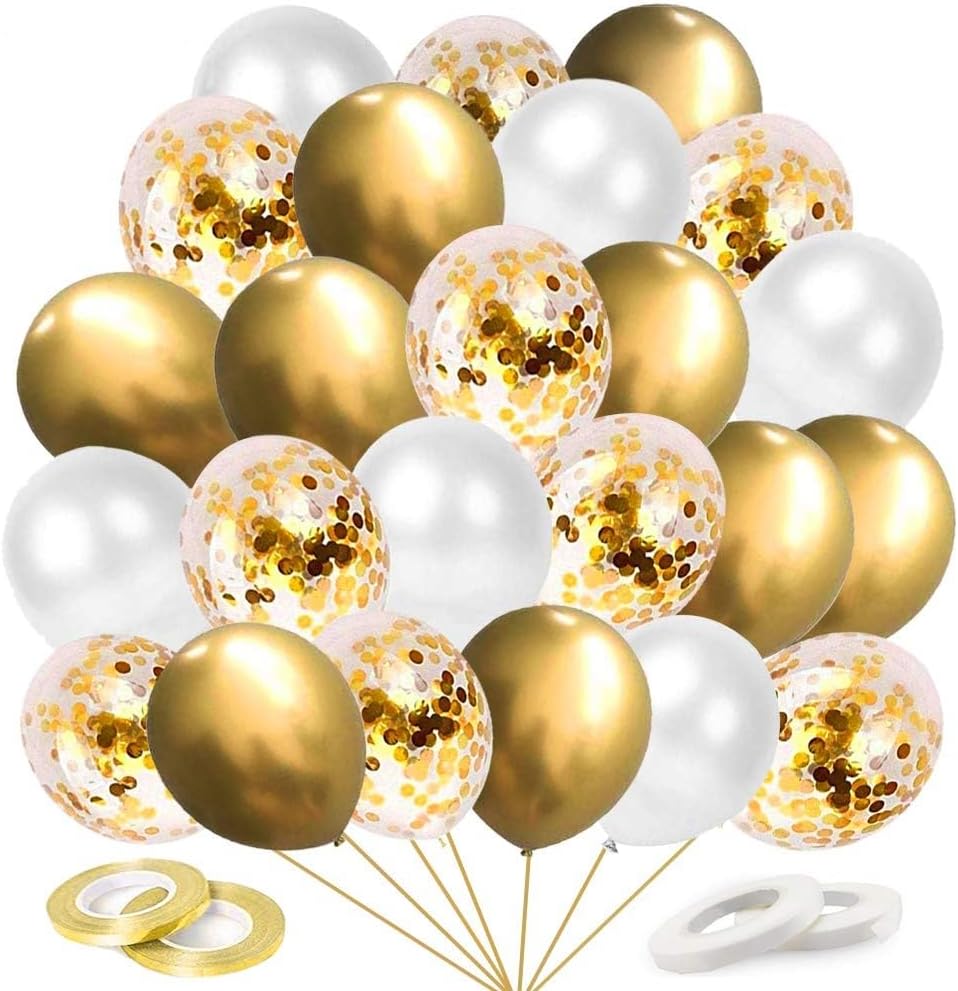 60 Piezas Globos de Confeti Dorados, Globos Metalizados Dorados y Latex Blancos, para Cumpleaños, Bodas Aniversario, Bautizos Comunion Baby Shower, Graduacion Fiesta Decoracion