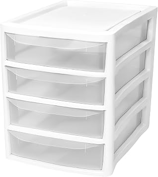 Plastic Storage Drawers Organizer tower unit | A4 Storage Drawers for Desktop Table Small | Chest of Drawer Bedroom Small Cosmetics Stationary Organizer (A4 4 Drawers White)