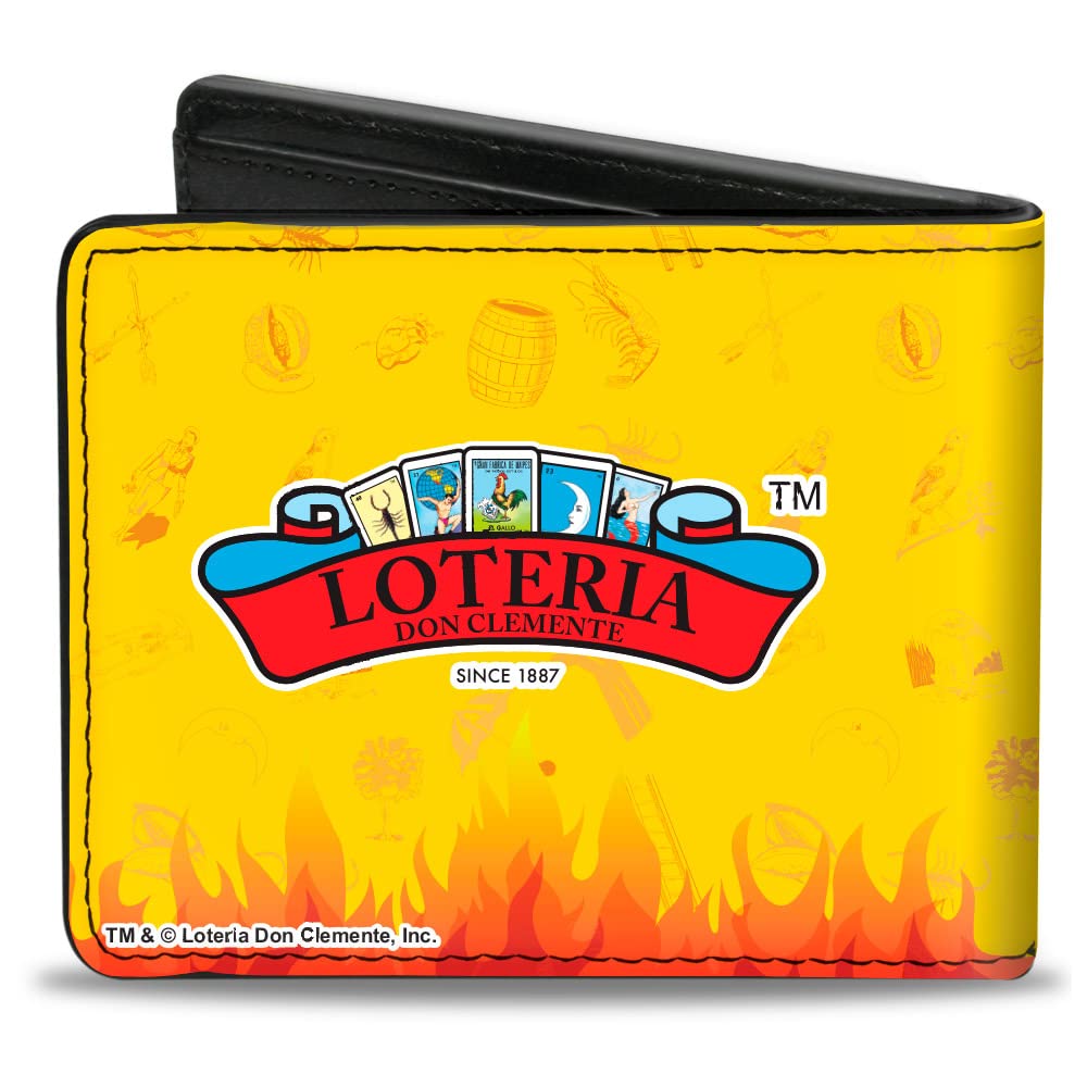 Buckle-Down Men's Loteria Wallet, Bifold, El Diablito Devil Pose and Logo Flame Yellow, Vegan Leather, 4.0