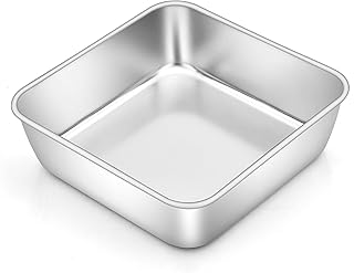 E-far 6x6 Inch Square Cake Pan, Stainless Steel Small Baking Pan for Lasagna Brownies Casseroles, Silver Square Bakeware for Oven Cooking, Non-Toxic & Rust Free, Dishwasher Safe, 2 Inch deep
