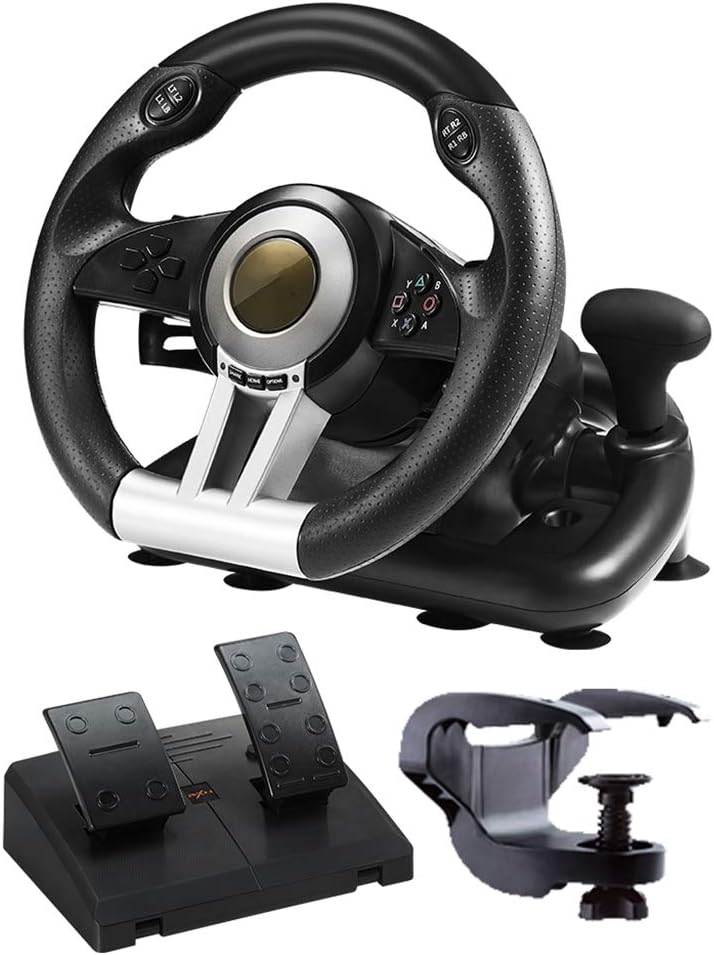 LIfav Racing Game Steering Wheel, Driving Simulator, Support PC / PS3 / PS4 / Xbox One/Switch, with Pedals,Black