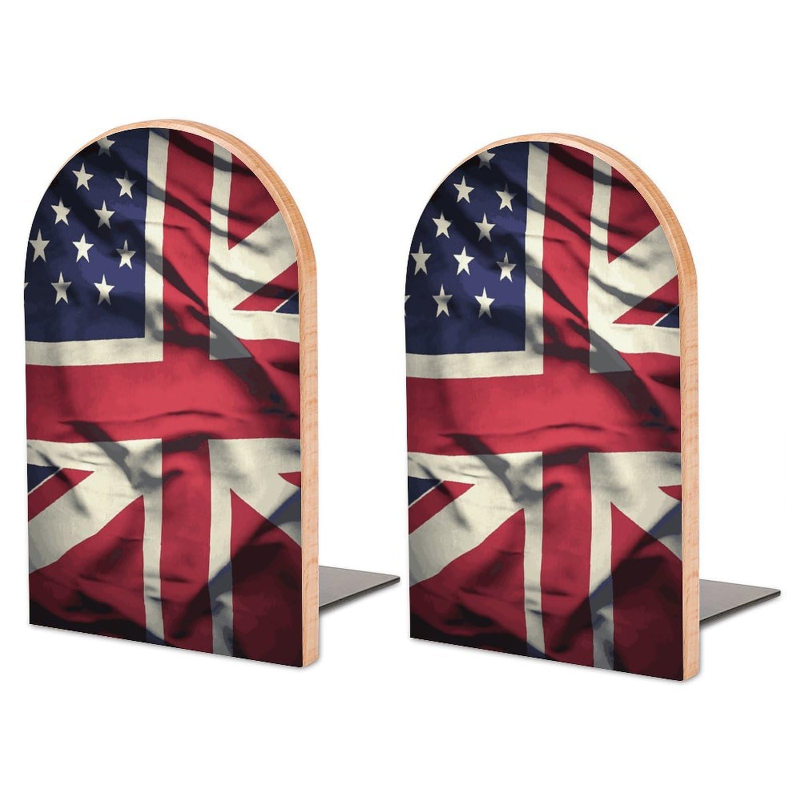 Large USA UK Flag Book End with Metal Base Fashion Heavy Duty Bookend Exquisite Wooden Bookends Non-Skid Book Stopper for Shelves Books Organizer for Office Home 1 Pair