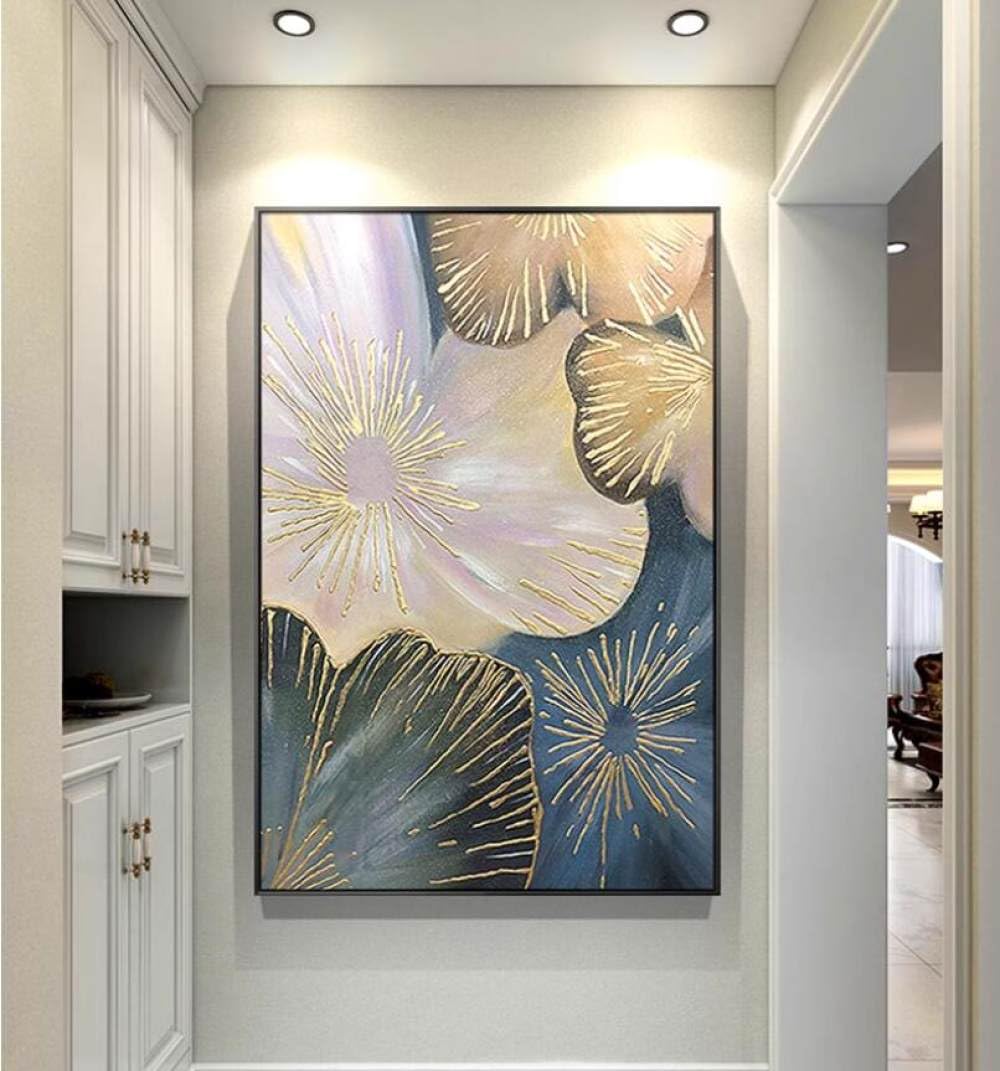 Peinture à l'huile faite à la main en feuille d'or art abstrait texturé sur toile pour salon