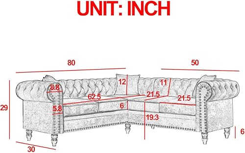 Miniatura 2 de LKTART Sofá Chesterfield clásico de lujo de 80 pulgadas en forma de L con botones y patas de madera maciza, 3 almohadas incluidas para sala de estar