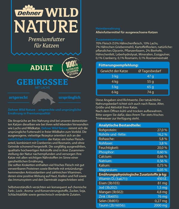 Dehner Wild Nature Katzenfutter Gebirgssee, Trockenfutter getreidefrei / zuckerfrei, für ausgewachsene Katzen, Lachs, 1.5 kg