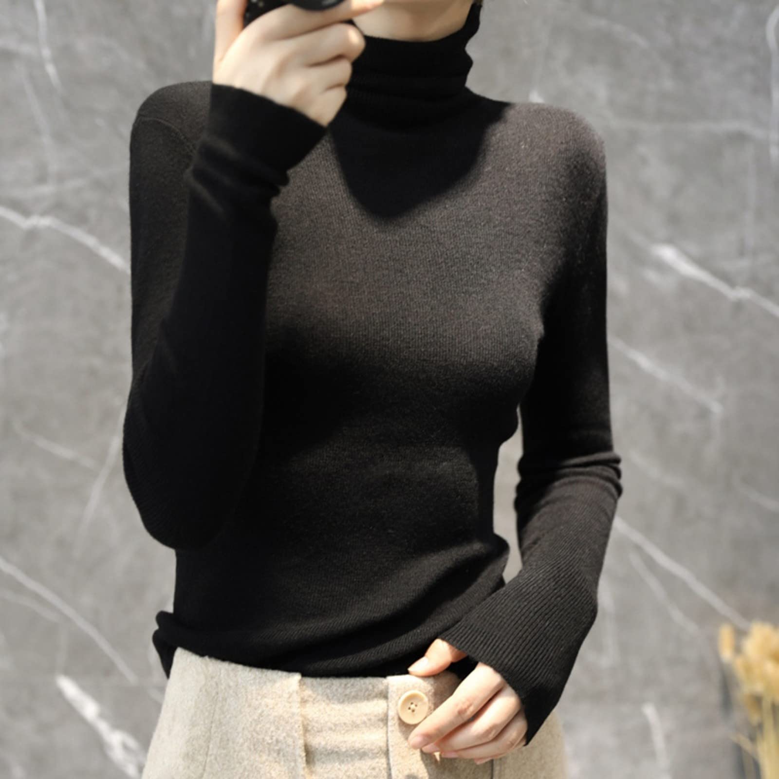 Suéter Para Mujer,Otoño E Invierno Para Mujer Suéter De Cuello Alto Moda Cachemir De Punto Jersey Delgado De Talla Grande Color Puro Manga Larga Elegante Suéter De Calle Suave Estiramiento Rega