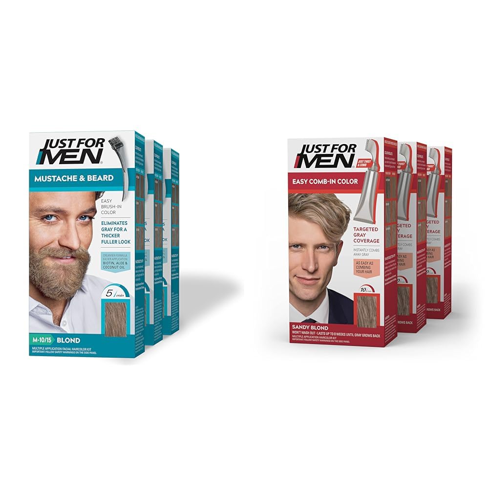 Just for MenMustache & Beard, Beard Dye for Men with Brush & Easy Comb-In Color Mens Hair Dye, Easy No Mix Application with Comb Applicator - Sandy Blond, A-10, Pack of 3