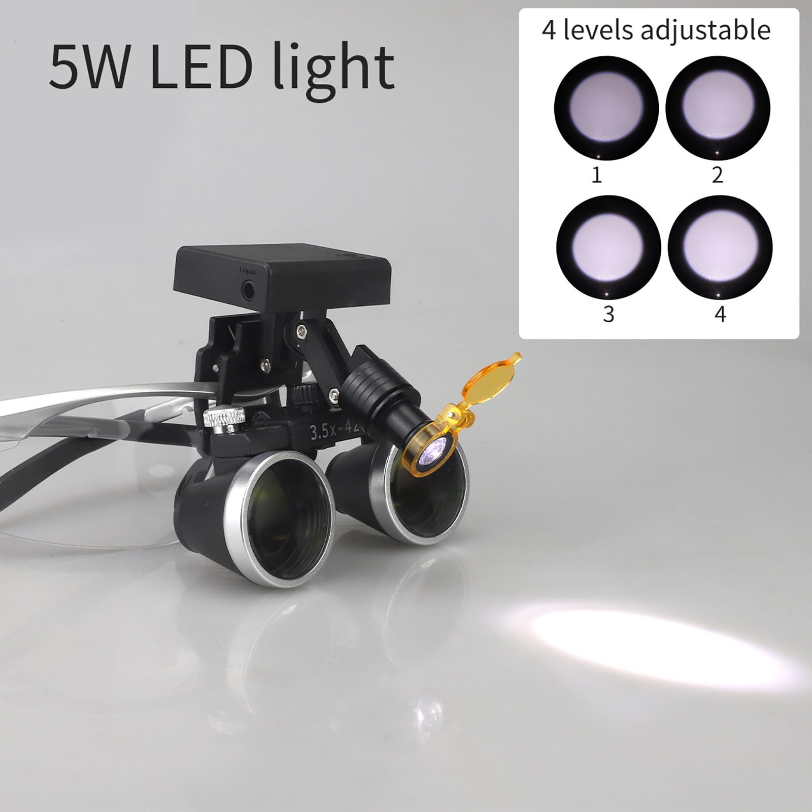 Lupas Binoculares Dentales, Aumento De 2,5X / 3,5X, con Linterna Frontal Led De 5W, Distancia De Trabajo: 320-42mm, 4 Niveles De Brillo Ajustable, para Laboratorios Dentales. E-3.5X