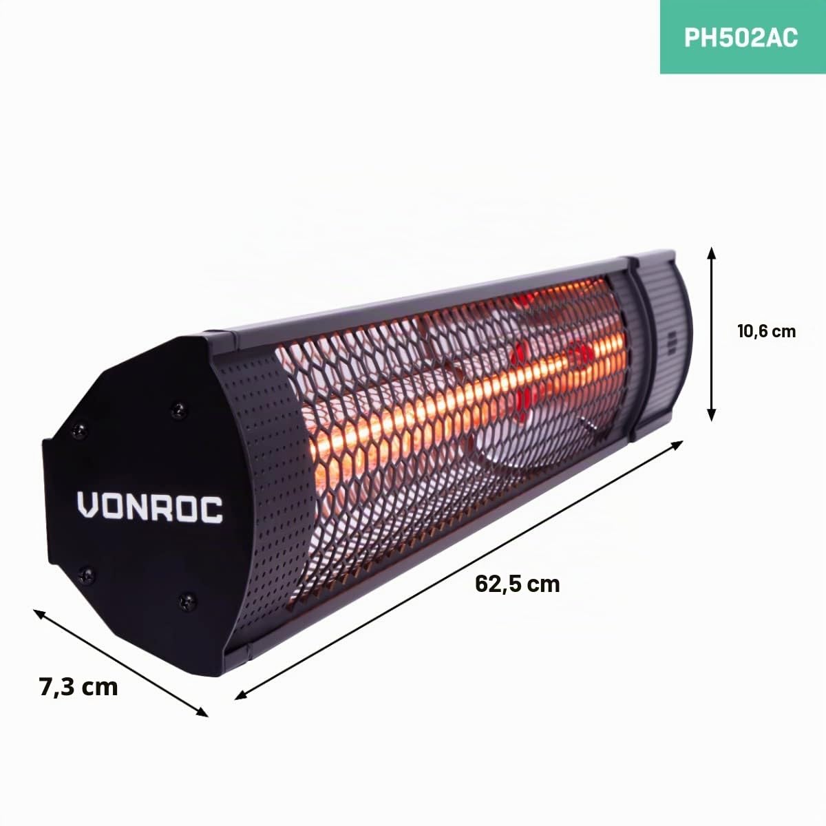 Vonroc Marsili Chauffage Terrasse Extérieur 2000W IP65 Aluminium Noir Mat