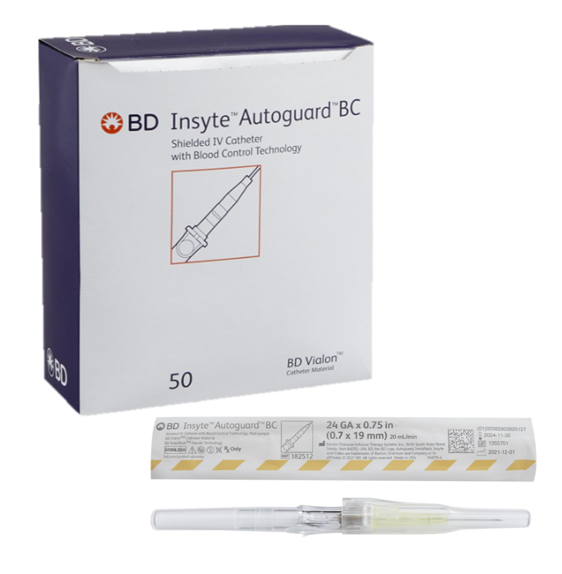 Medical Systems 382512 Insyte Autoguard BC Shielded IV Catheter with Blood Control Technology, 24 Gauge, 3/4" Length, Yellow (Pack of 50)