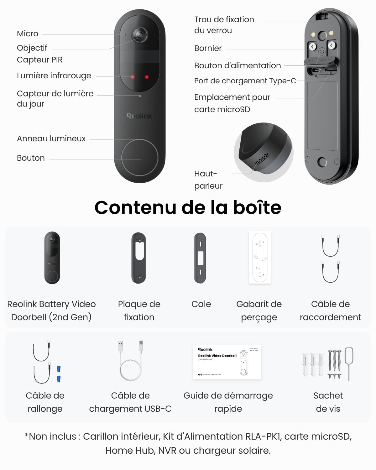 Reolink Sonnette Vidéo à Batterie (2e Gén) Caméra 2K Extérieure | Stockage Local Sans Frais, Vue Intégrale 150x150°, Wi-Fi 2,4/5 GHz, Détection Intelligente, Interphone, Enregistrement 24H/24
