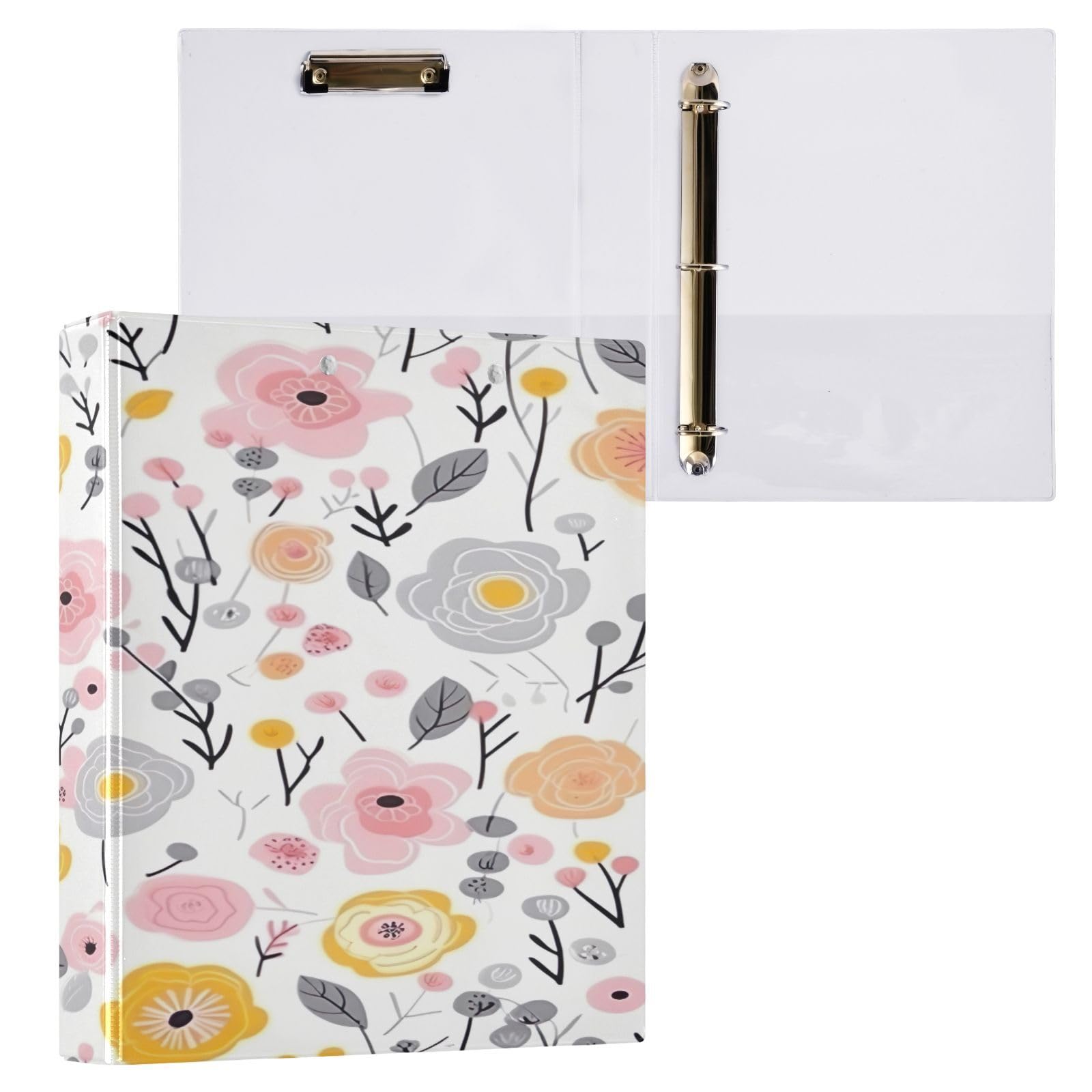 Lot de 2 classeurs ronds décoratifs à 3 anneaux de 3,8 cm avec clip en métal et fleurs à ressort pour la maison et le bureau