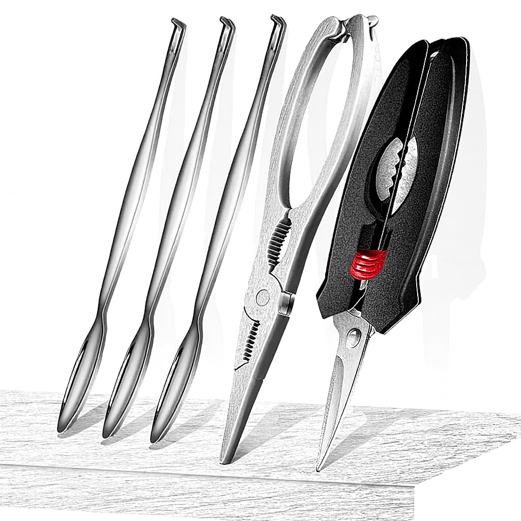 Premium Seafood Cracker Set – Stainless Steel Crab Leg Crackers, Lobster Sheller Scissors & 3 Forks with Storage Box – Heavy-Duty Tools for Crab, Lobster, Shellfish, Nuts