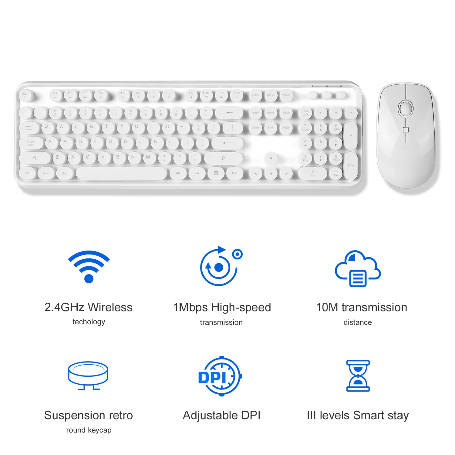 Bezprzewodowa klawiatura i mysz, urocze okrągłe klawisze, pełnowymiarowa klawiatura retro do pisania z wtyczką Plug & Play 2,4 GHz, do Windows 11/10/7, laptopa, komputera, notebooka, Smart TV (biała)