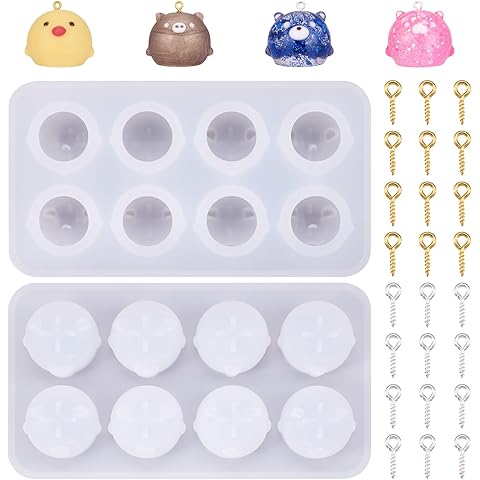 Craftdady 4 Styles Cute Animal Jewelry Silicone Mold 3D Animal Bear Pig Chick Cat Resin Casting Mold with Iron Screw Eye Pin Peg Bails for DIY Crafts Pendant Keychain Candle Jewelry Making Supplies