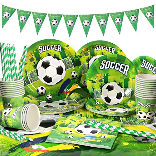 Yidaxing Vaisselle Football Fournitures de Fête, 122pcs Décorations de Fête de Football Compris Assiettes en Papier, Tasses, Serviettes, Bannière pour Fournitures de Fête d'anniversaire (24 Invités)