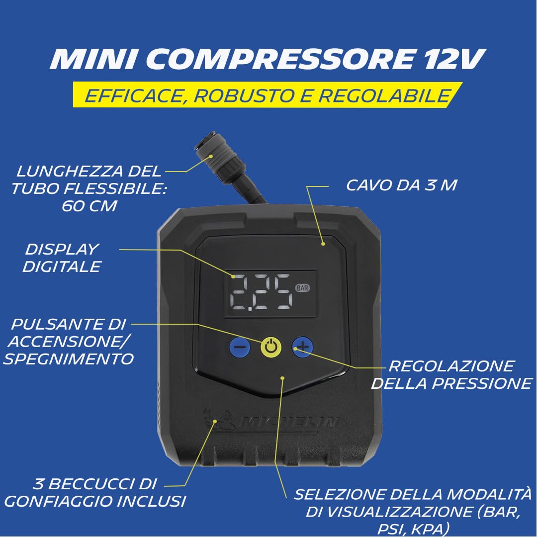 MICHELIN 009541 Mini Compressore d’Aria 12V – Portata 20L al minuto – Gonfiatore per Pneumatici Auto – Pressione Programmabile 8 BAR 138W – Attacco a Connessione Rapida – 3 Adattatori
