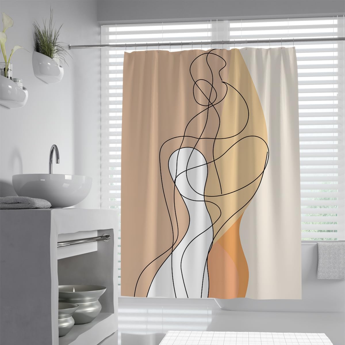 Uiringart Shower Curtains Beige Abstract Woman Line Art W180xl200cm Nordic Minimalist Mildew Resistant Waterproof Bath Curtains Decor With Hook