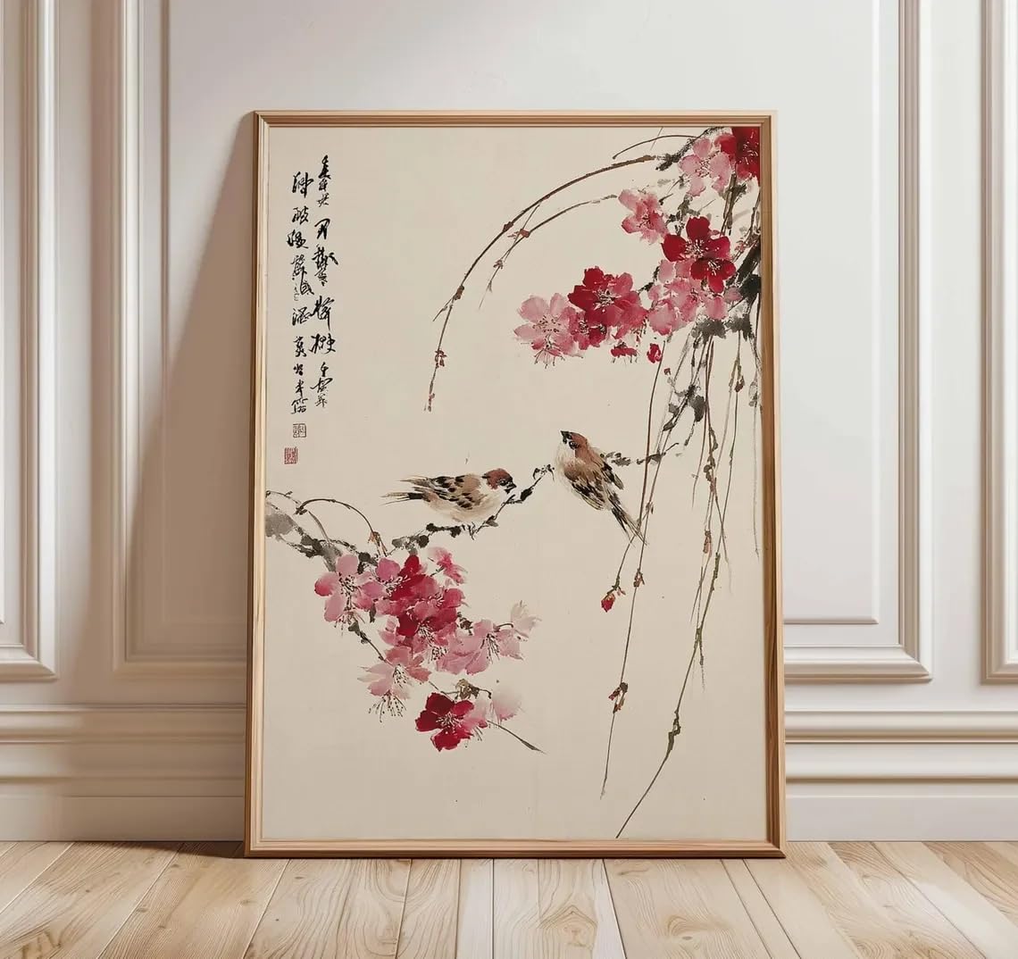 Dittelle Frameless Cherry Blossom Wall Art, Japanese Bird Poster, Asian Style Print, Oriental Nature Artwork, Zen Home Decor, Floral(60X80cm/Frameless)