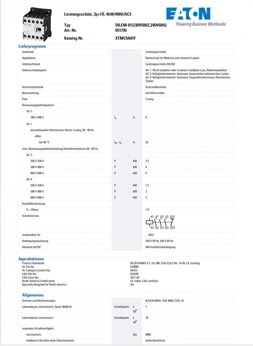 Eaton 051795 Contacteur de puissance, 3 broches + 1 NC, 4 kW/400 V/AC3