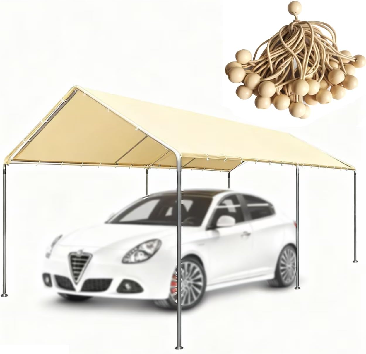 Rutile 10'x20' Carport Replacement Canopy Cover for Tent Top Garage Shelter Cover with Ball Bungees Beige (Only Top Cover, Frame is not Included)