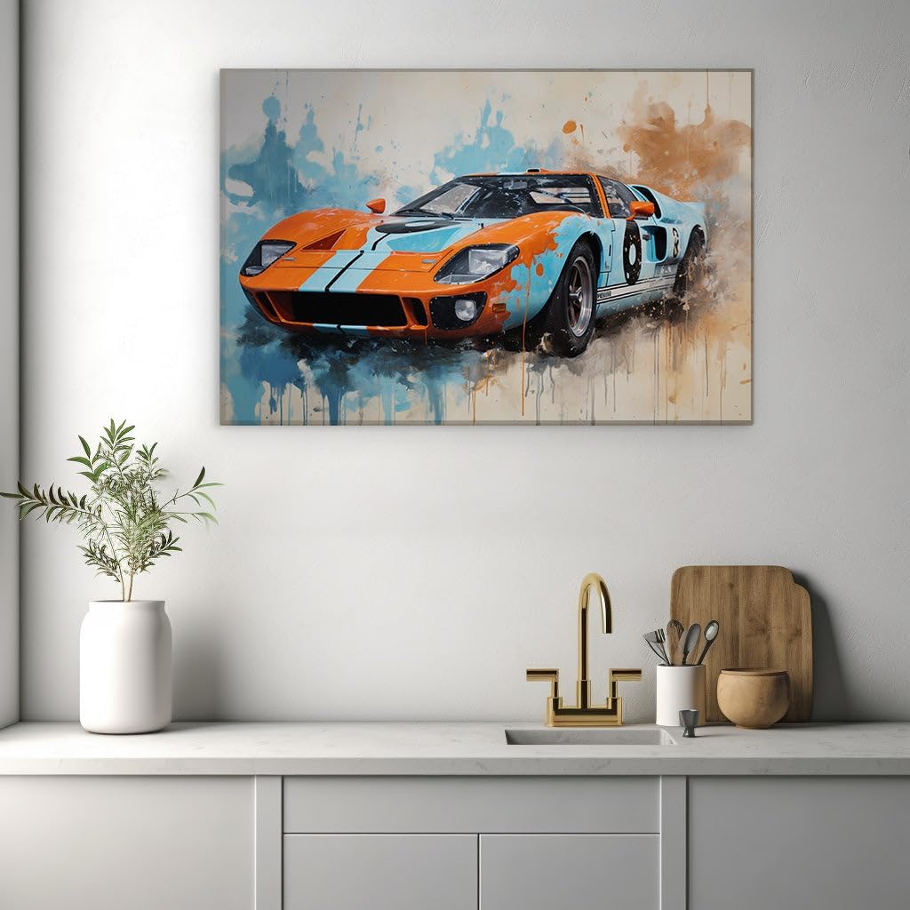 Canvas for Living room. Speed Meets Artistry The Dynamic Elegance of the Ford GT40 in Motion, 27 x 18 inch Canvas Wall Art - Contemporary Masterpieces - Modern Home Decor