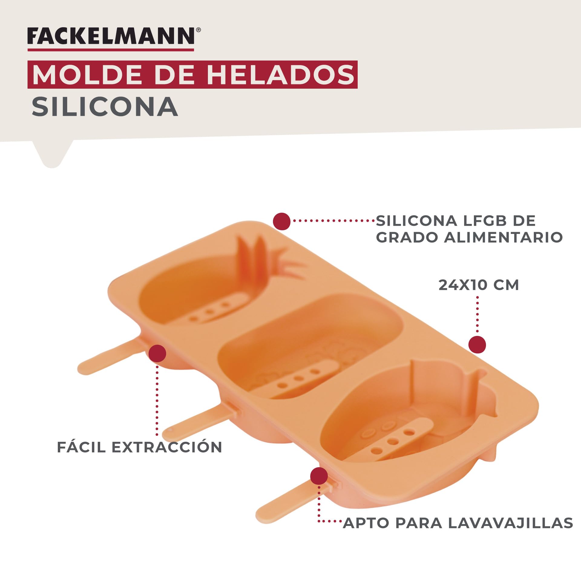 Fackelmann Molde de Silicona para Helados, Heladera de Silicona, Reutilizable, Soporta Temperaturas entre -40ºC y 230ºC, Apto para Horno y Congelador, Apto para Lavavajillas, Naranja Pastel, 1 ud.