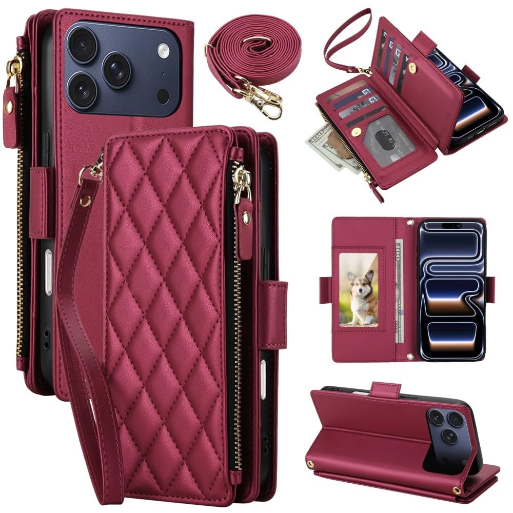 Étui portefeuille iPhone 16 Pro rouge bordeaux idéal pour vos sorties sans sac - 7