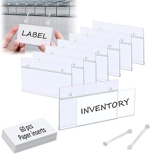 ChanQnTon Etiquetas de plástico para estantes, 60 unidades, soporte de etiquetas con gancho de clip fácil e insertos de papel en blanco a juego para