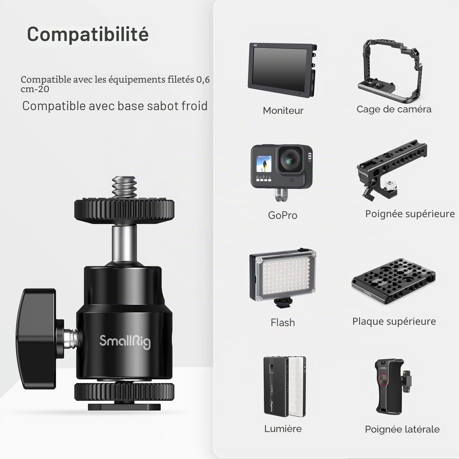 SMALLRIG Hot Shoe Mount Adaptateur Ball Head Mount Rotule Mini Moniteur Support avec Cold Shoe 761