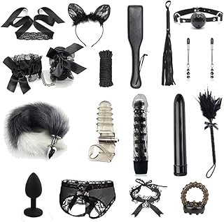 LEQC BDSM Restraints Sex Toys 18pc Bondage Restraints Set Fetish Bed Restraints Kits for Beginners Light SM Adult Games Safe BDSM Cuffs Nipple Clamps Flogger Ball Gag Blindfold Rope Black Cosplay
