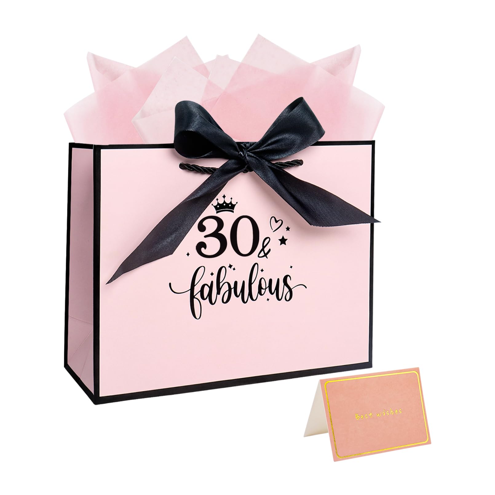 12.6” 30th Birthday Gift Bag Large Pink Gift Bag with Tissue Paper for Birthday Anniversary
