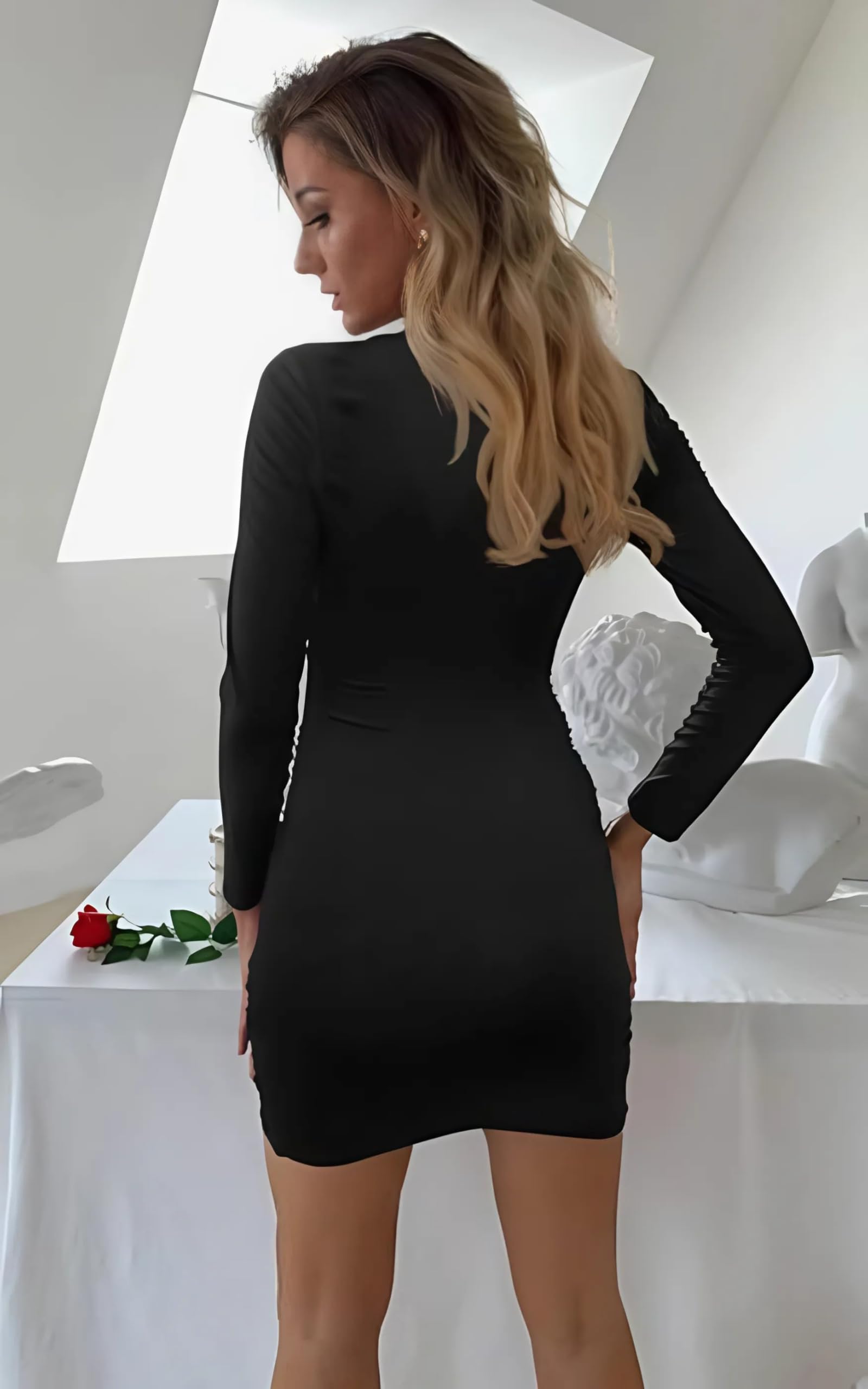 Vestito Donna Sexy Maniche Lunghe Mini Abito Elegante da Sera Vestito Corto Aderente fasciato Nero Scollo a V Discoteca Autunno Inverno AM066
