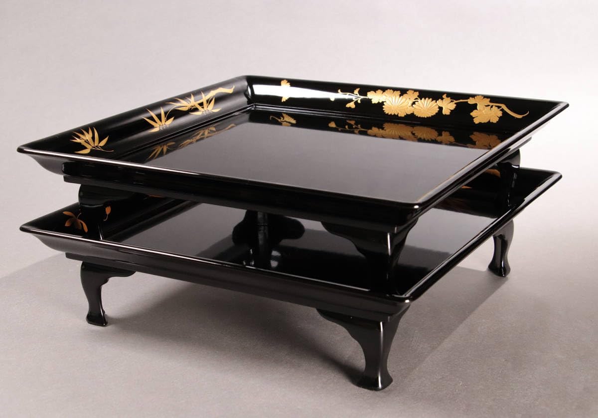 Amazon.co.jp: CH38 輪島塗 四君子金蒔絵 足付黒塗膳 二客 天然木 高足 