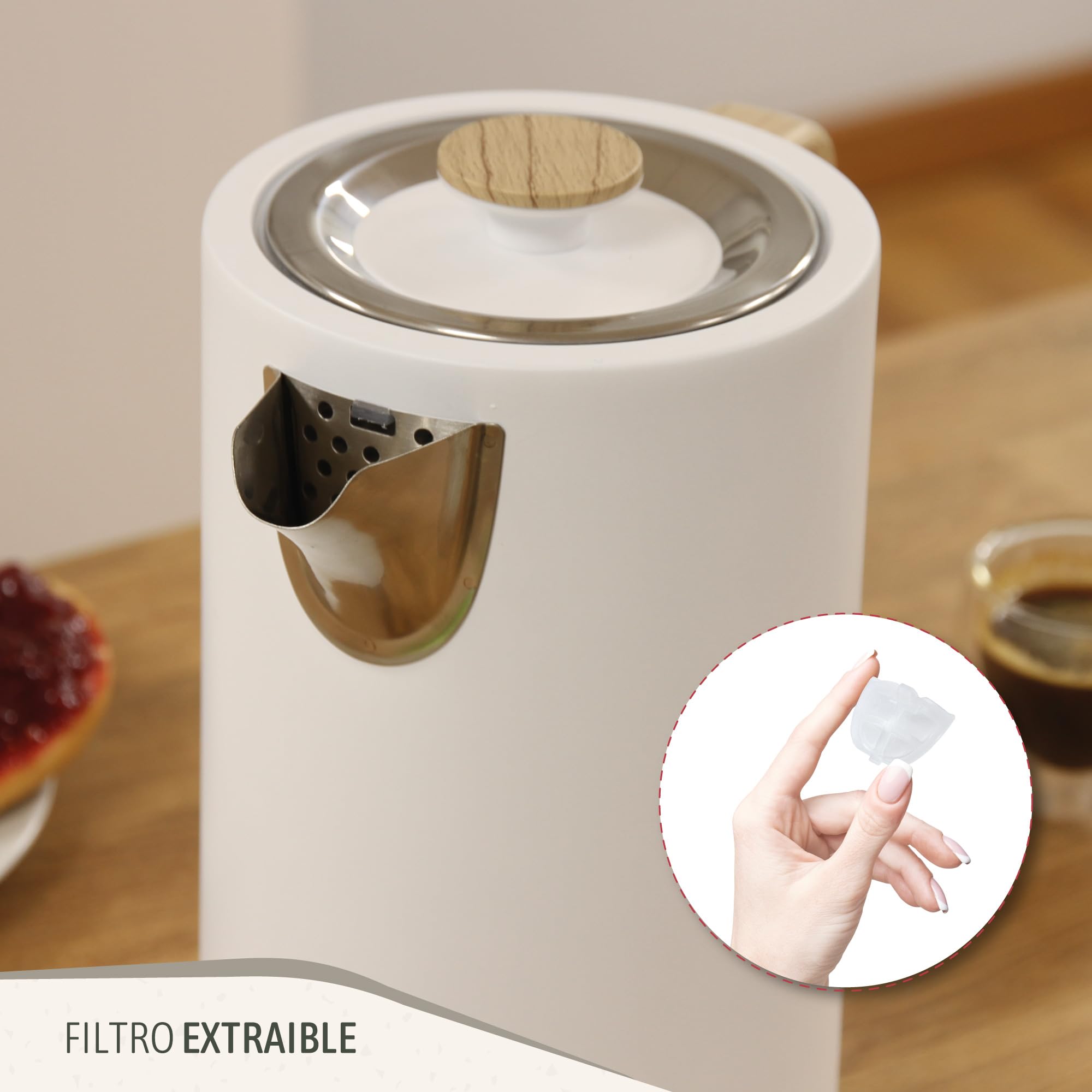 briebe Nordic Hervidor Agua Eléctrico 1,7L Inalámbrico, Tetera Infusiones 2200W Ebullición Rápida, Libre BPA, Base 360°, Controlador Strix, Apagado Automático, Diseño Nórdico, Asa Efecto Madera Blanco