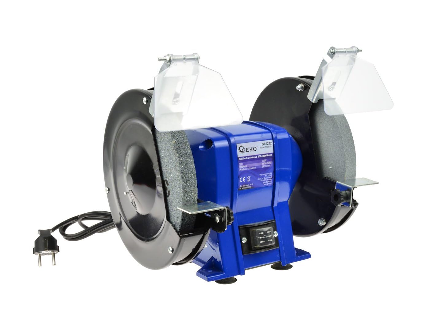 BSD Amoladora de banco profesional con discos de 200 mm para lijar y pulir - Motor 350W, velocidad 2950 rpm, base antideslizante y protectores oculares ajustables.