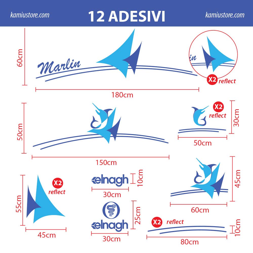 Adesivo Elnagh Marlin per Camper in Vinile prespaziato - Kit 12 Adesivi componibili
