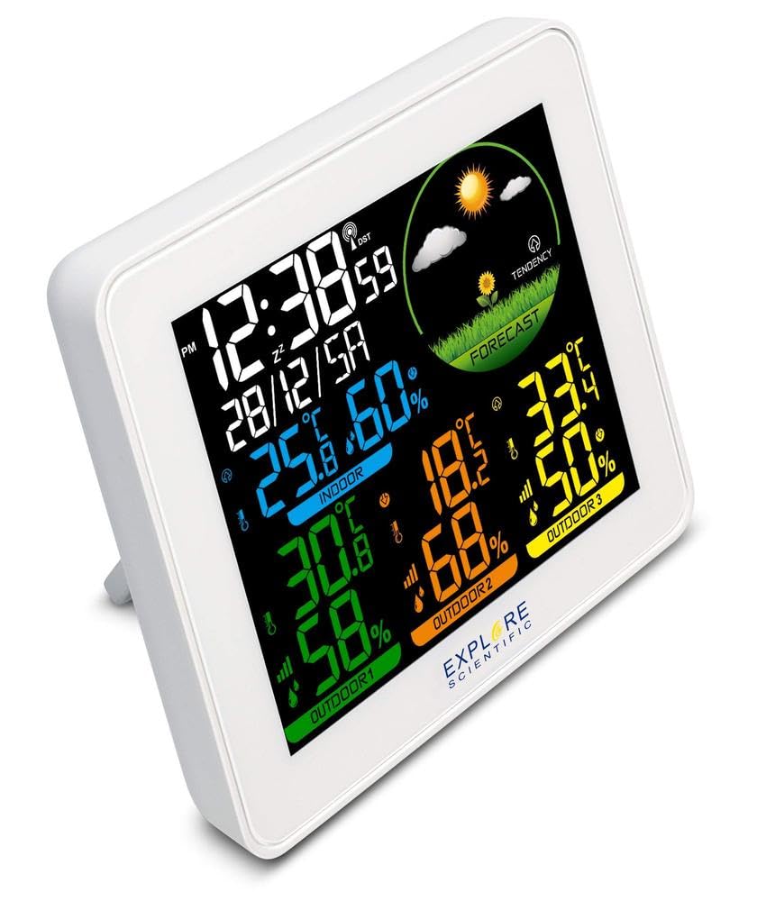 Explore Scientific WSH4005C Stazione Meteo Radio-Controllata, Barometro con Previsioni del Tempo , temperatura/umidità int/ext, 3 Sensore inclusi , memorizza storico dati, bianco