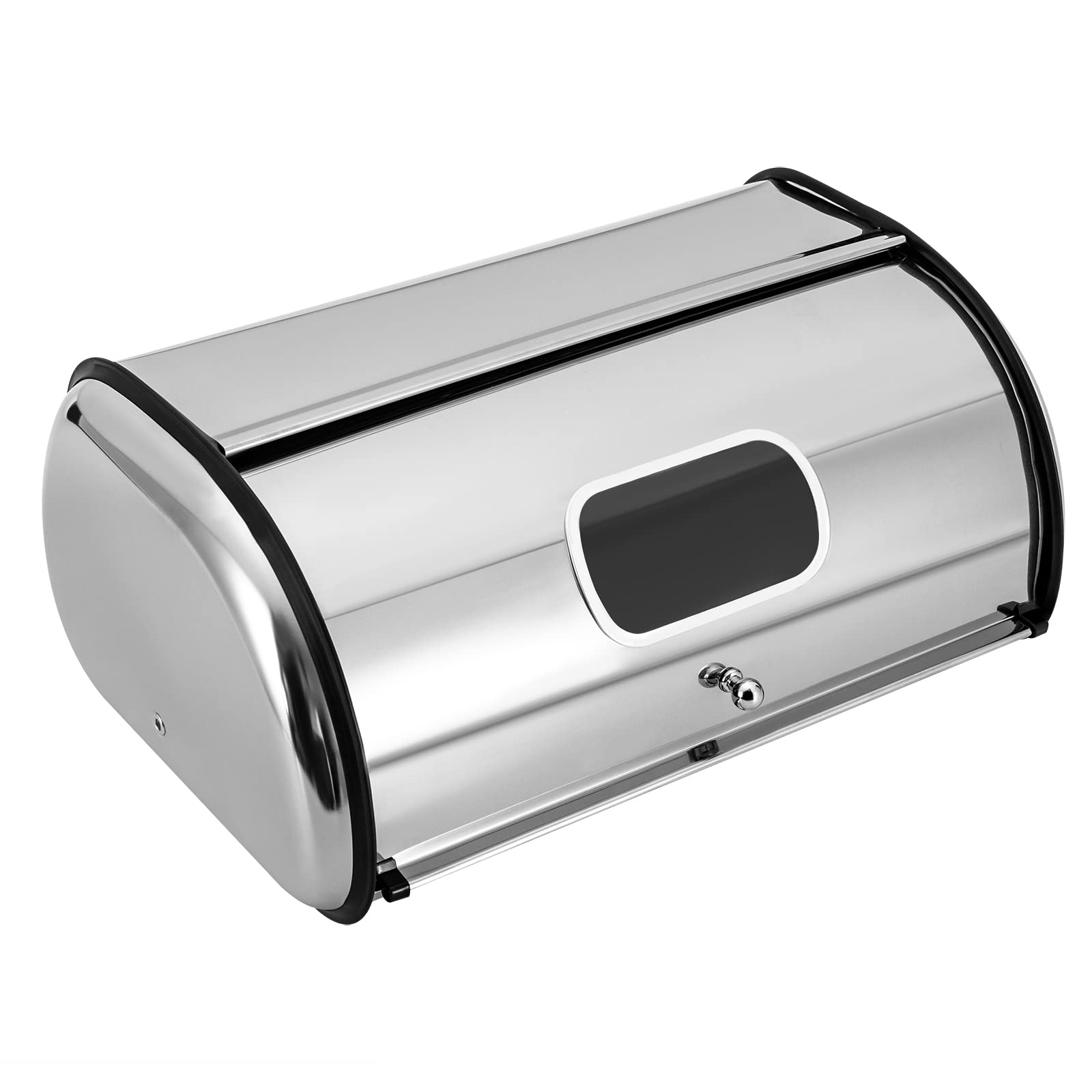 MccoMMon Panera de acero inoxidable, panera de metal para la cocina, con tapa enrollable y ventana transparente, 43,5 x 27 x 18 cm