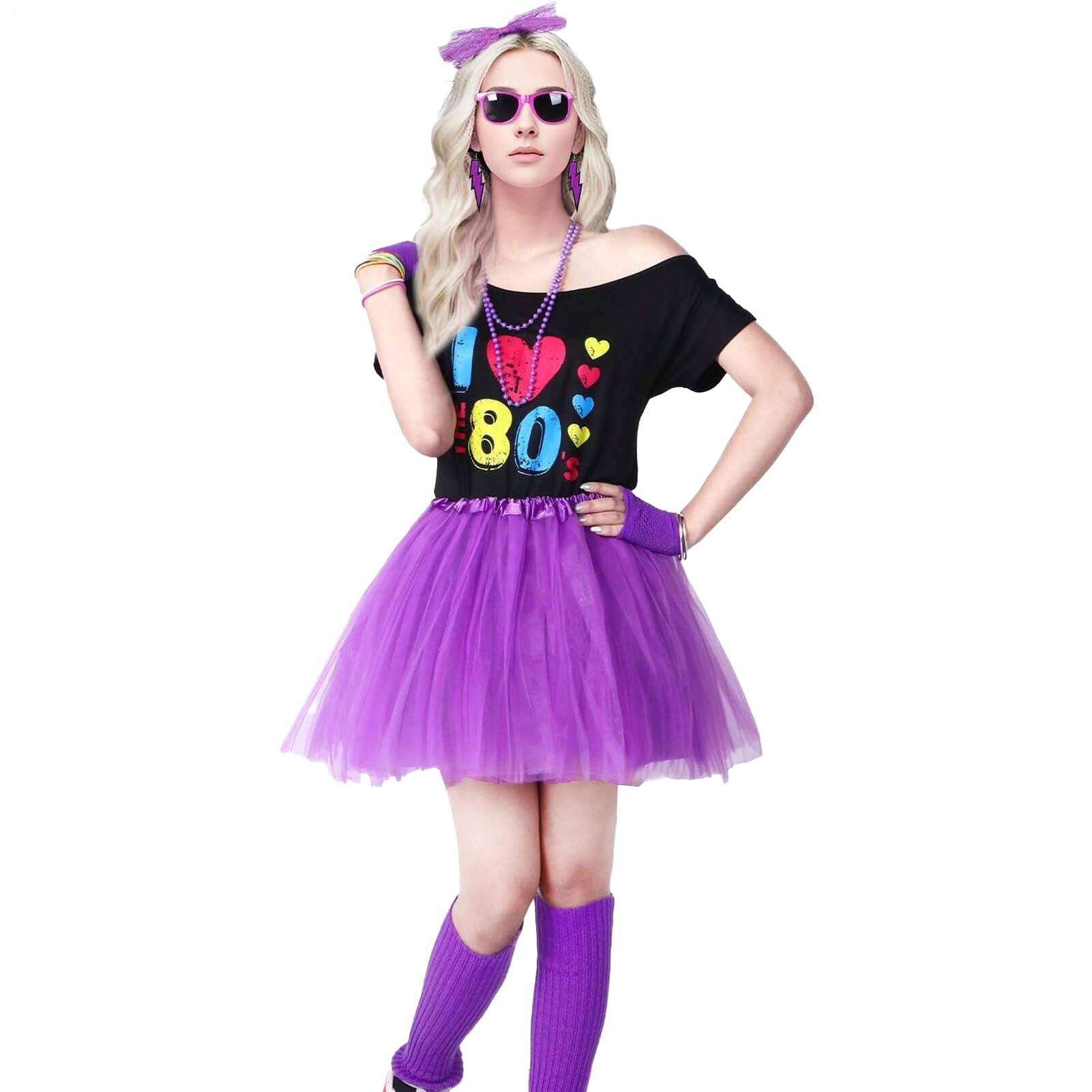 Conjunto genérico de traje de los años 80 para mujer, traje de mujer de los 80 – Guantes de camiseta de disfraz, disfraz de cosplay 1980, top con hombros descubiertos, conjunto de accesorios de