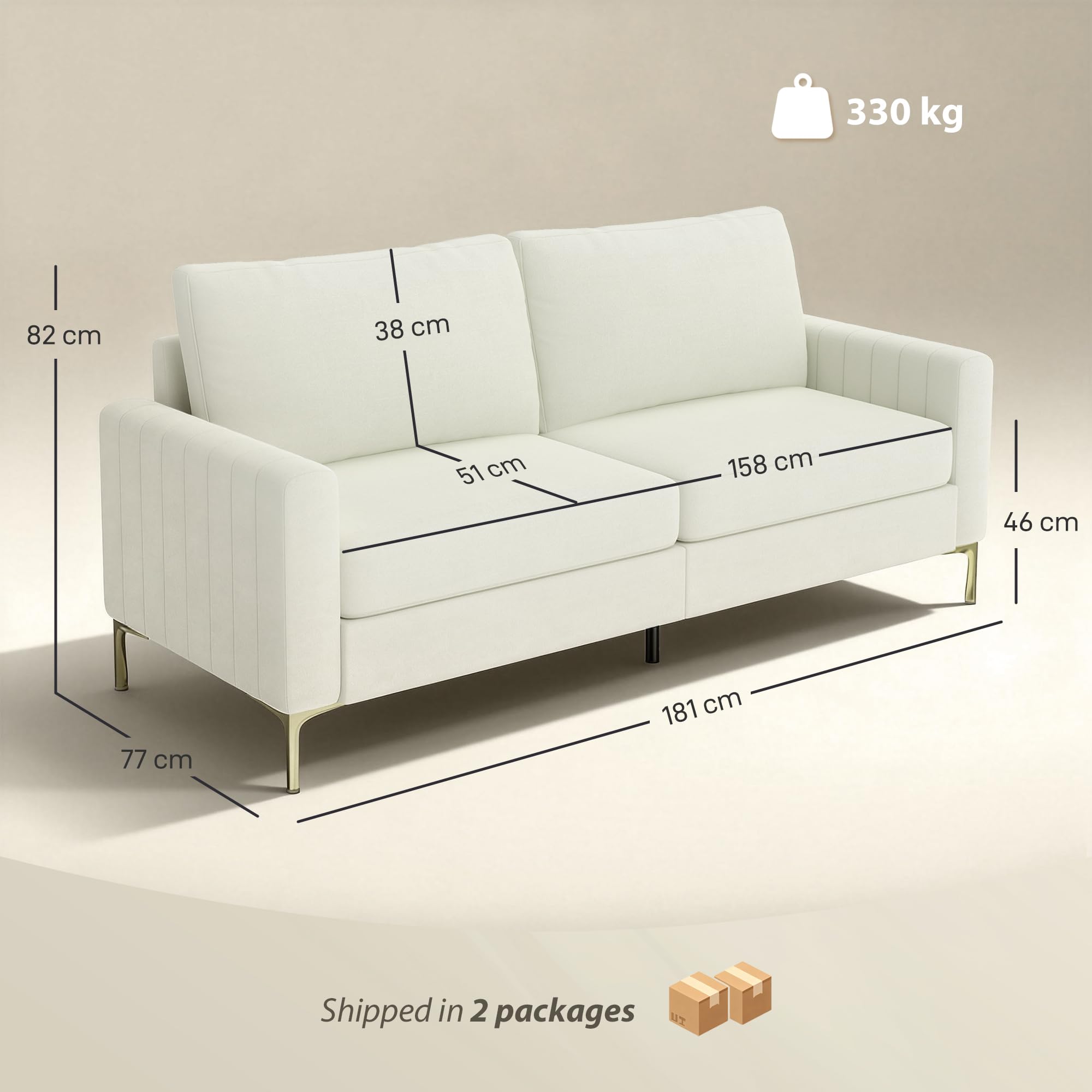 HOMCOM Sofá de 3 Plazas Tapizado en Terciopelo Sofá de Salón 181 cm Crema | Cojines Gruesos, Patas de Metal, Estructura de Madera, para Sala de Estar, Dormitorio, Oficina