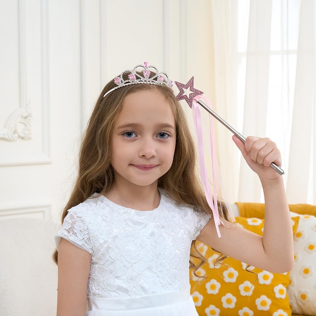 Lovelyshop Metal Red Princess Tiara with Crystal Adjustable Wand Set, 2 Pieces, Dress Up Accessories for Girls 5-13 Years Old