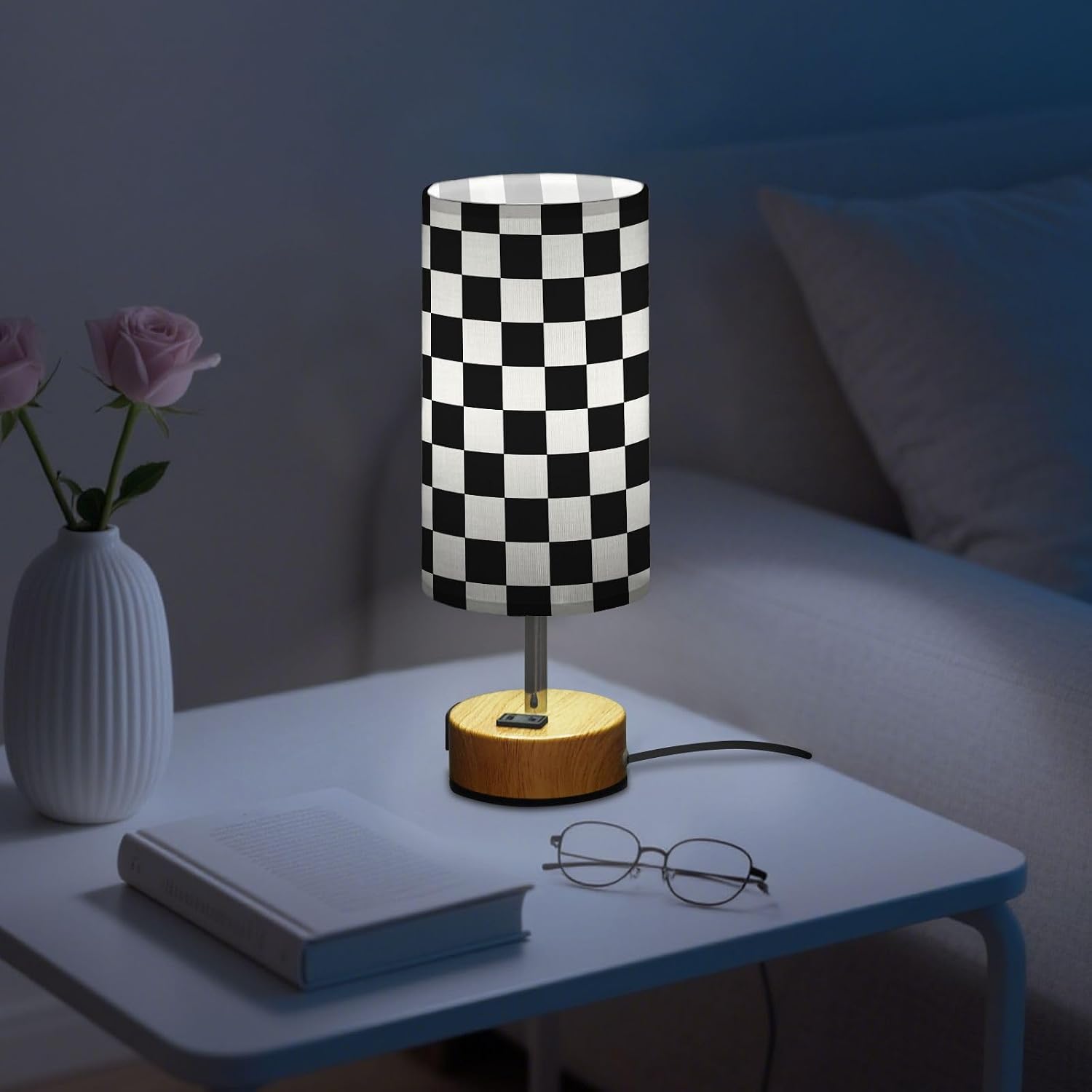 Dimmable Black and White Checkered Table Lamp with 2 USB C Charging Ports & AC Outlet, Touch Lamps for Nightstand Bedside Small Lamp Night Stand Side Light for Bedroom/Desk, 14 in