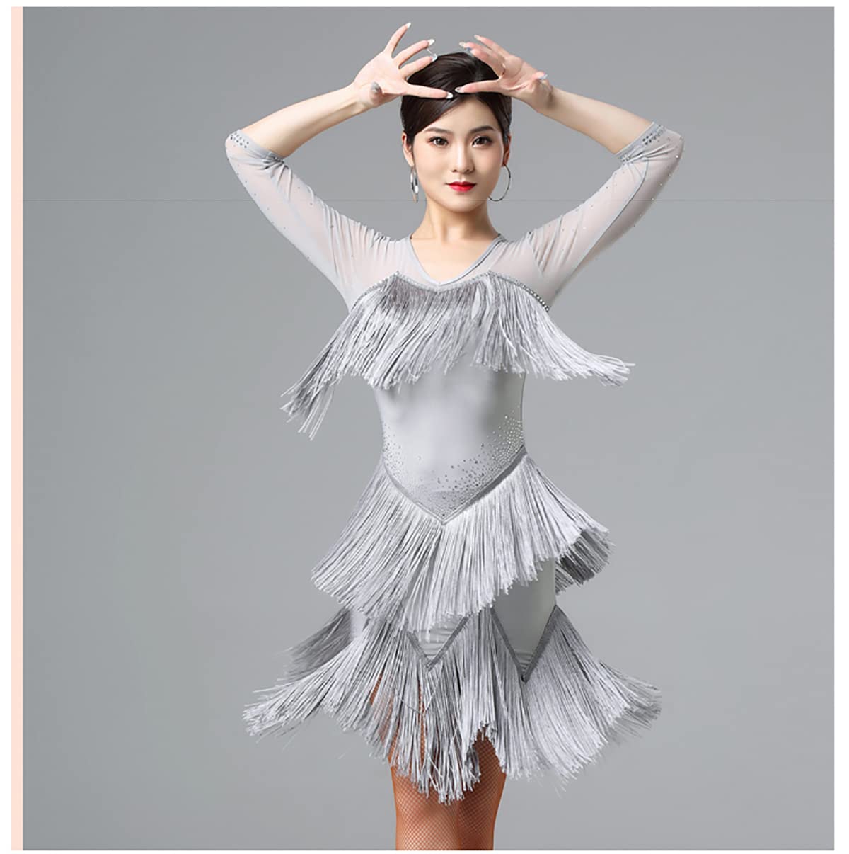 Abiti da Ballo Latino con Frange Donne con Scollo A V Manica A 3/4 Abito da Concorso Latino Sala da Ballo Salsa Samba Cha Cha Gonna Flamenco Dress Vestito di Performance