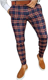 Mens Plaid Chino Pants Skinny Slim Fit Stretchy Checkered Striped Business Casual Dress Pants Straight Tapered Trousers