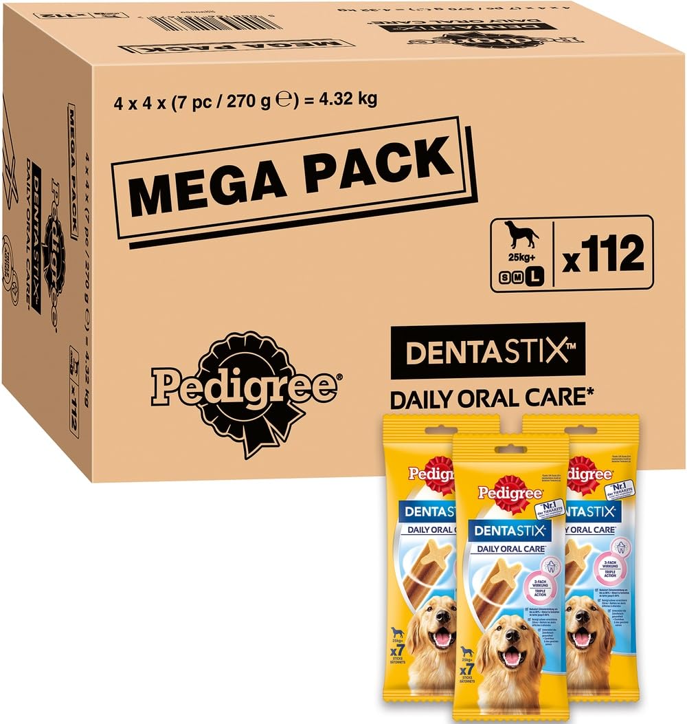 Pedigree DentaStix Daily Oral Care snack per la cura dei denti per cani di grossa taglia, Confezione da 112 bastoni