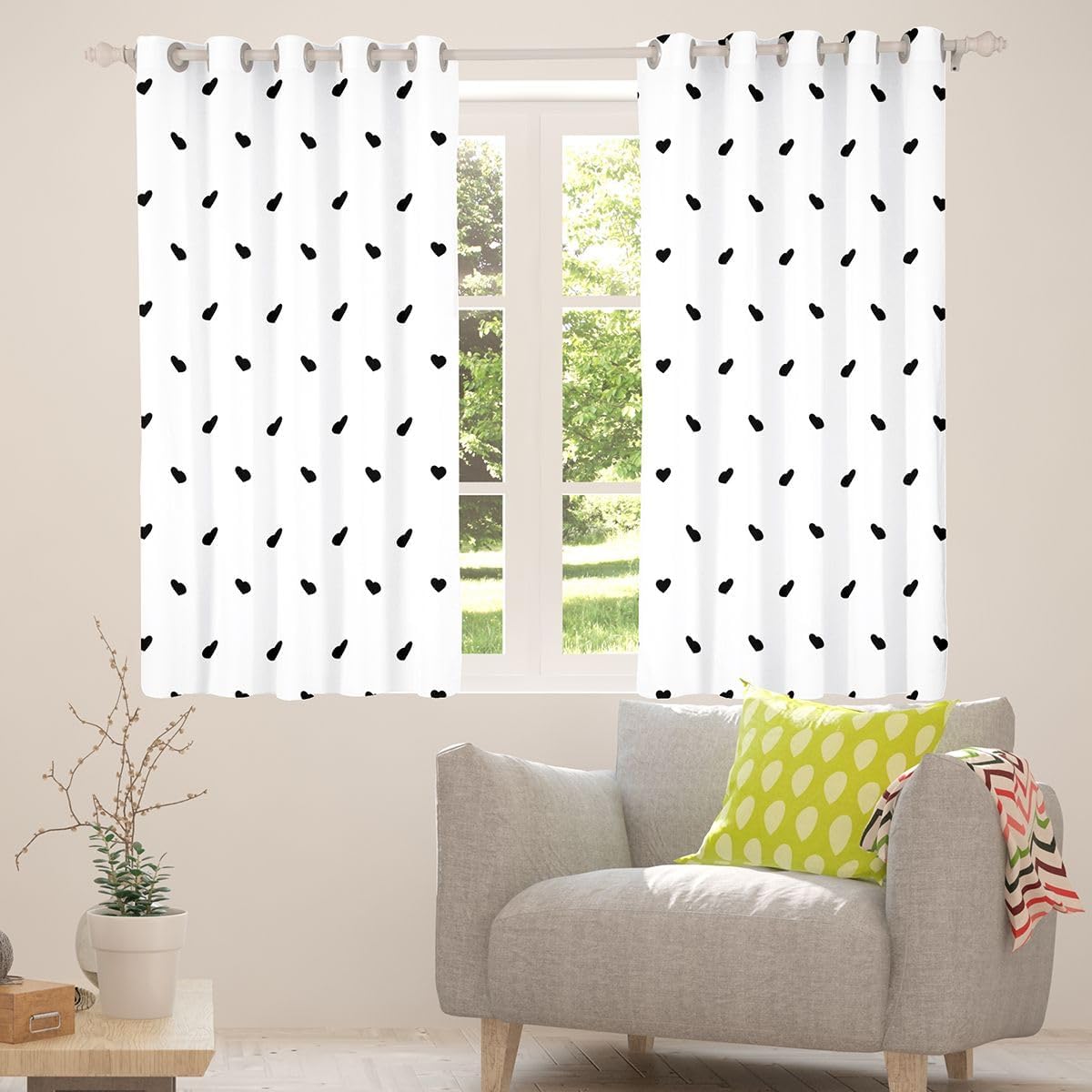 Erosebridal White Black Darkening Curtains Cute Heart Pattern Blackout Curtains Girly Cartoon Love Geometric Window Drapes 42"x63",2 Panels Kids Girls Boys Teens Bedroom Decor Window Treatments