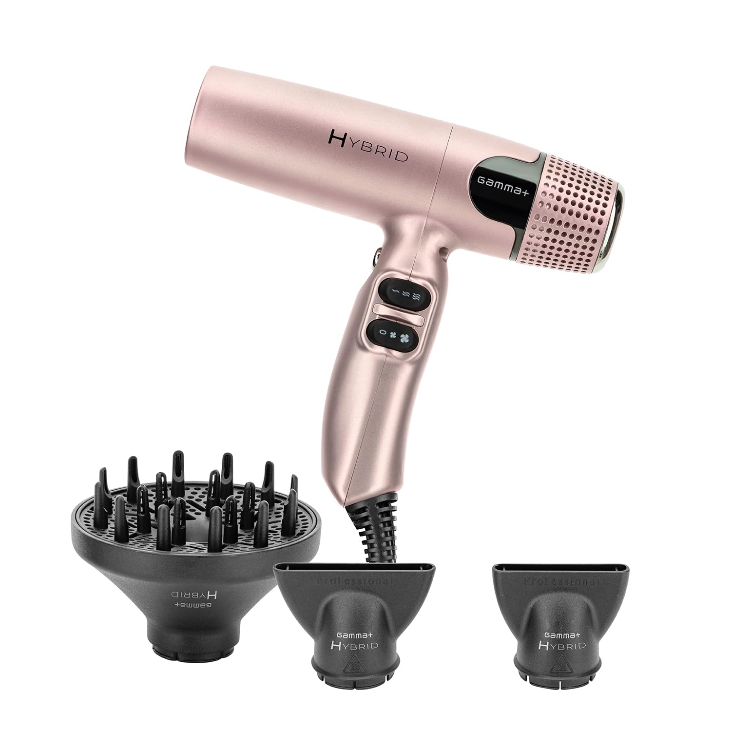 GAMMA+ Hybrid Secador Pelo Iónico, Secador de Pelo Profesional Ultraligero 300 gr, Ergonómico, Filtro Triple De Protección, 2 Boquillas Concentradoras, 1 Difusor